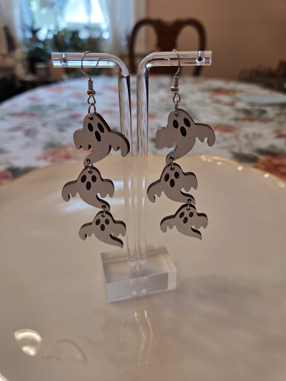 Halloween Ghost Dangle Earrings- White With Black Eyes